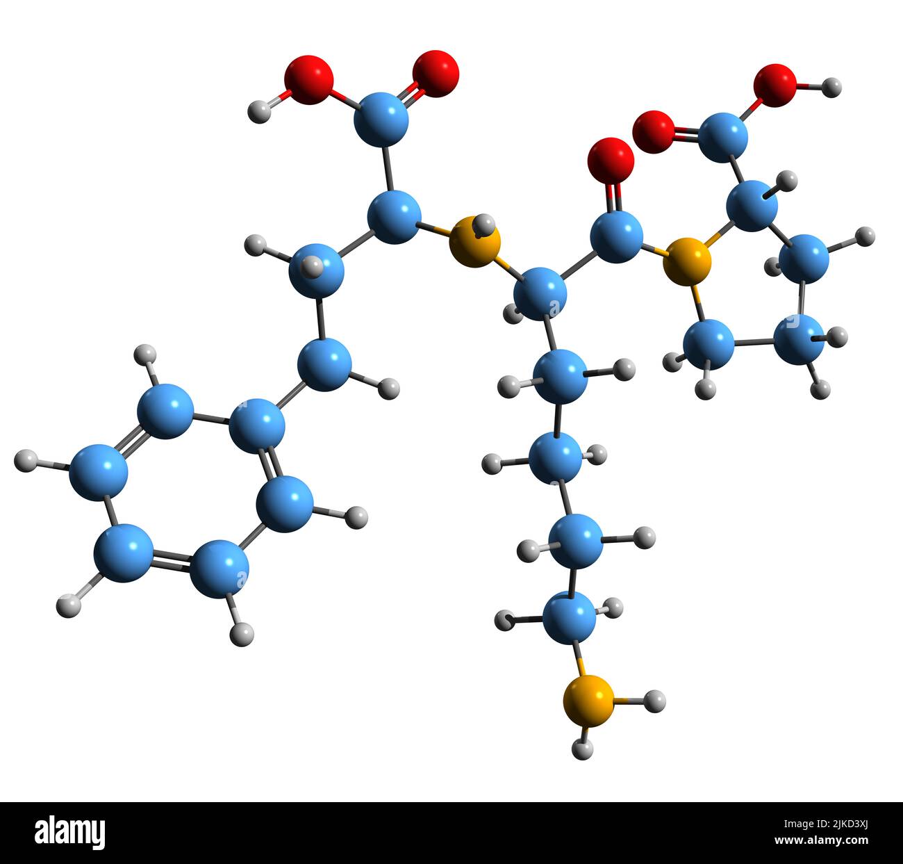 3D Bild der Skelettformel von Lisinopril - molekulare chemische Struktur des Angiotensin-konvertierenden Enzymhemmers, isoliert auf weißem Hintergrund Stockfoto