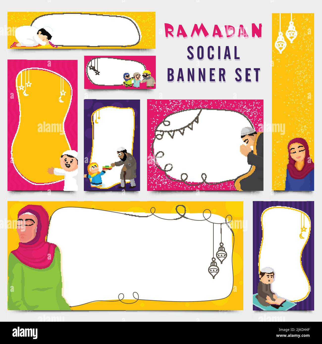 Ramadan Festival Social Banner Und Template Set Mit Islamischen Menschen, Die Verschiedene Rituale Zeigen Und Raum Für Textnachrichten Geben. Stock Vektor
