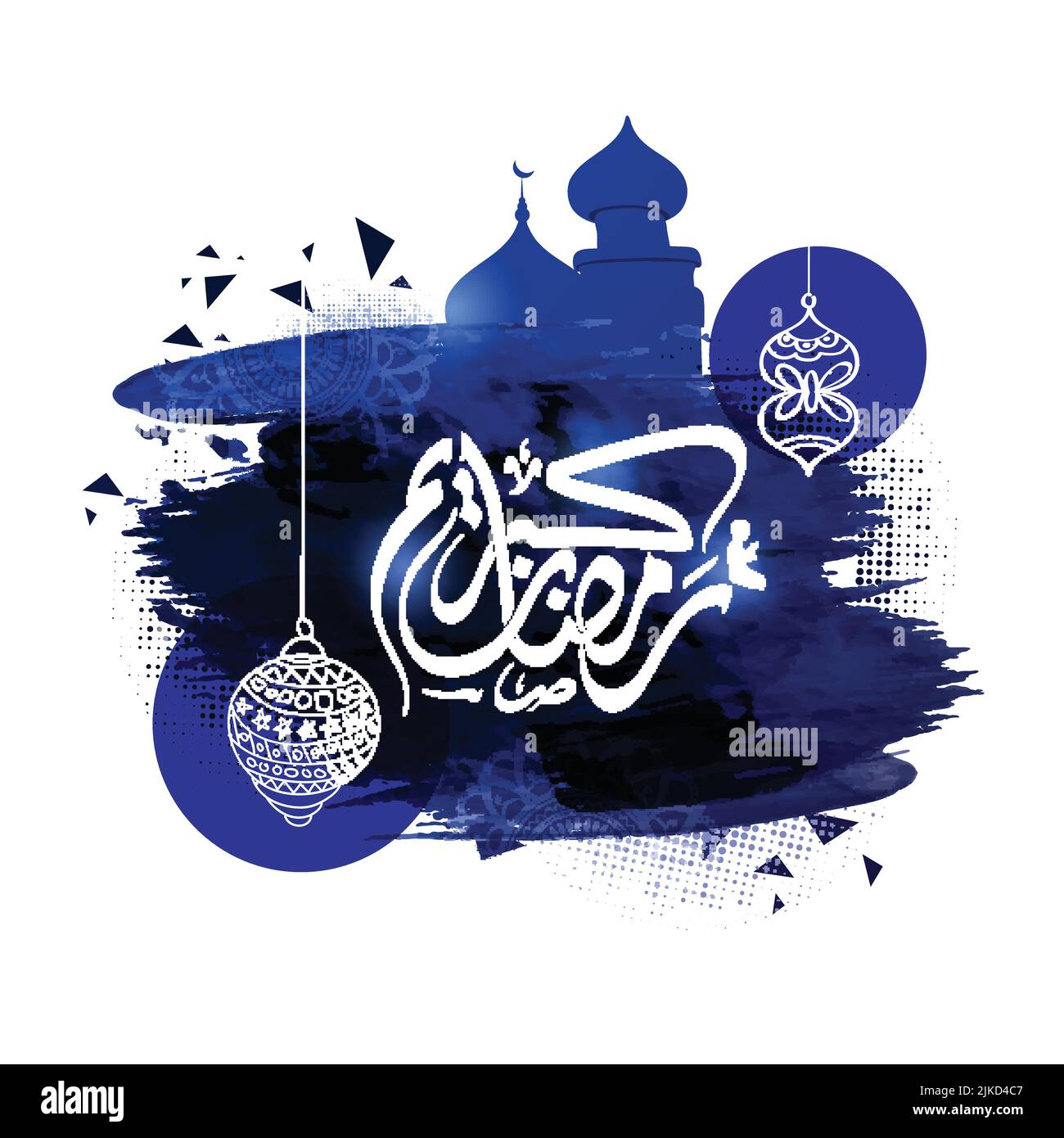 Arabische Kalligraphie Von Ramadan Kareem Mit Blauer Brush-Effekt-Moschee Und Hängenden Doodle-Laternen Auf Weißem Hintergrund. Stock Vektor