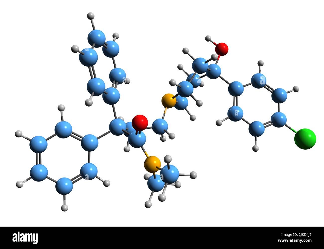 3D Bild der Skelettformel von Loperamid - molekularchemische Struktur von Diarrhöen-Medikamenten auf weißem Hintergrund isoliert Stockfoto