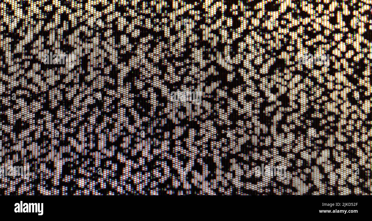 TV-Bildschirm statische abstrakte Farbpixel Glitch analoges Rauschen pixelige Hintergrundtextur, Kopierraum. Retro-TV-Bildschirm verpixelt, gruselig gruselig m Stockfoto