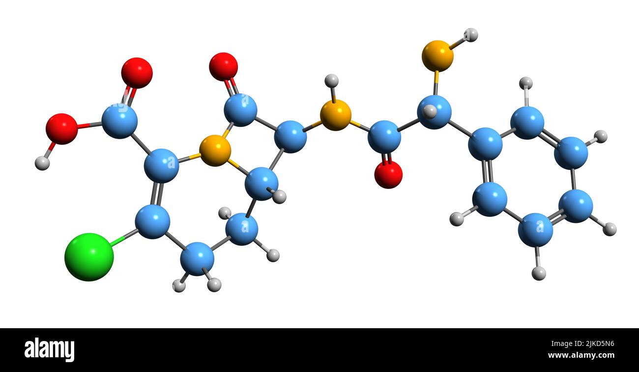 3D Bild der Loracarbef-Skelettformel - molekulare chemische Struktur des Carbacephem-Antibiotikums, isoliert auf weißem Hintergrund Stockfoto