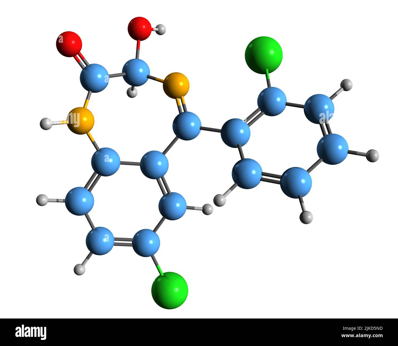 3D Bild der Lorazepam-Skelettformel - molekulare chemische Struktur von Benzodiazepin-Medikamenten isoliert auf weißem Hintergrund Stockfoto