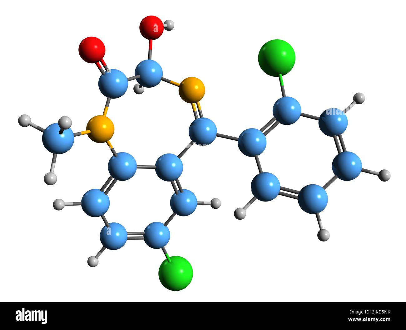 3D Bild der Lormetazepam-Skelettformel - molekulare chemische Struktur des Benzodiazepin-Derivats auf weißem Hintergrund isoliert Stockfoto