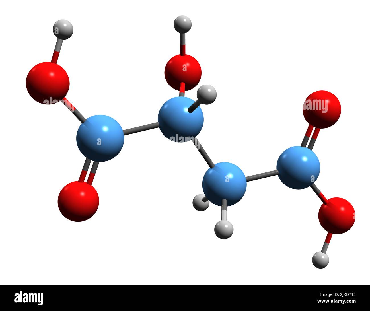 3D Bild der Malsäure-Skelettformel - molekularchemische Struktur der Hydroxybutandiosäure isoliert auf weißem Hintergrund Stockfoto