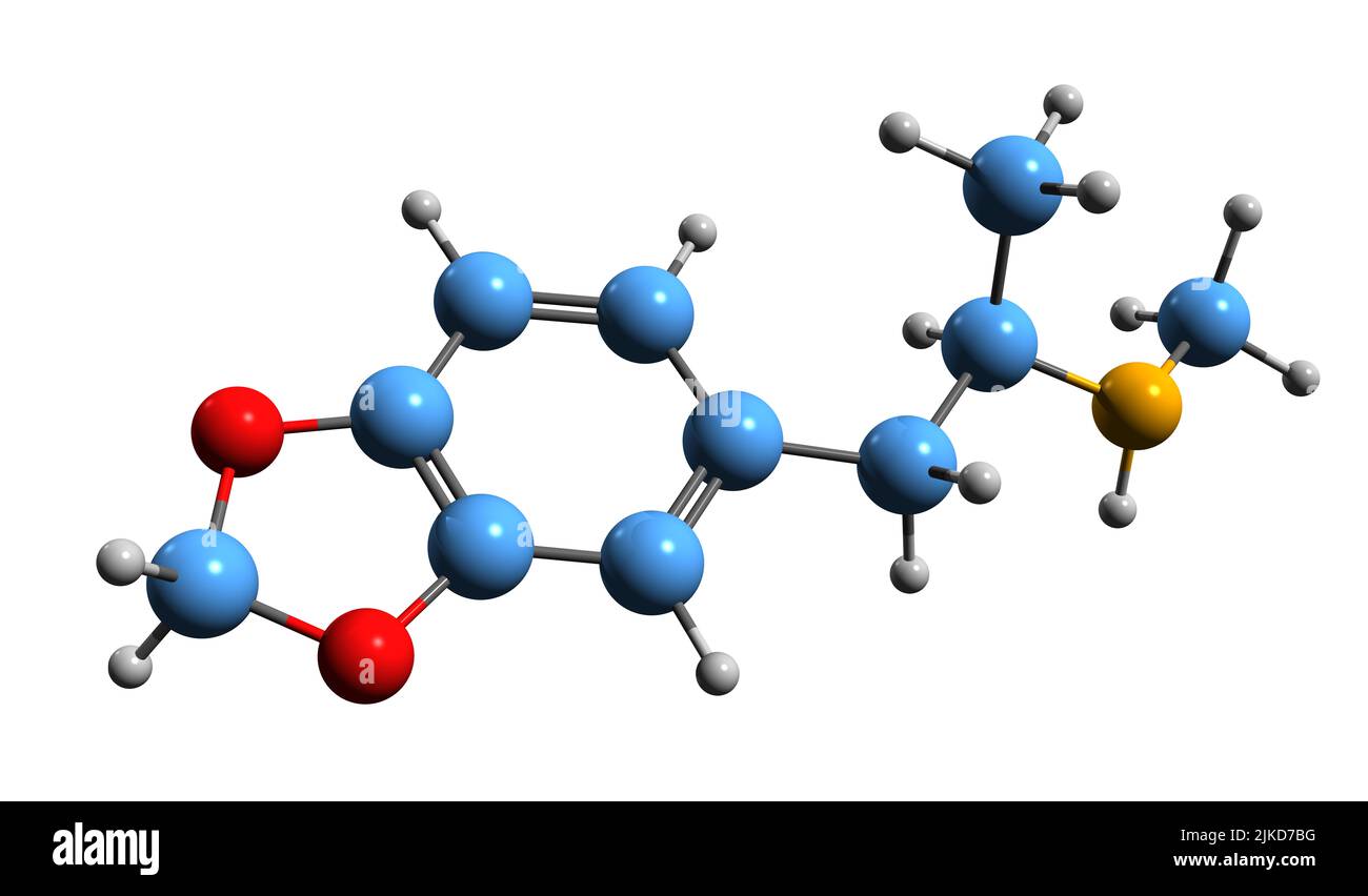 3D Bild der MDMA-Skelettformel - molekulare chemische Struktur von 3 4-Methylendioxy-Methamphetamin isoliert auf weißem Hintergrund Stockfoto
