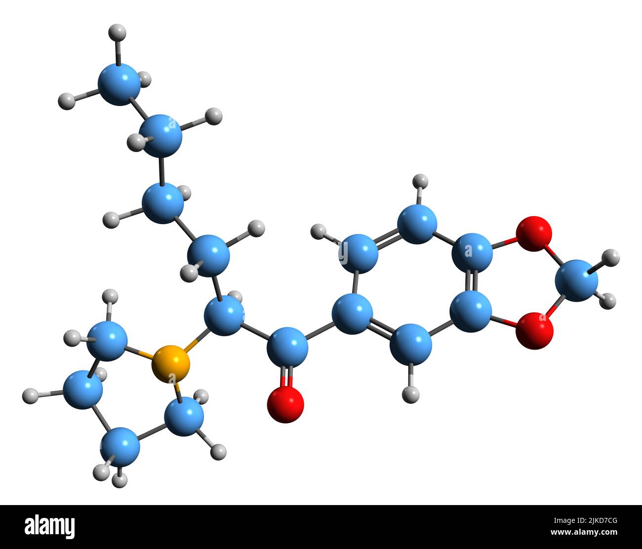 3D Bild der Skelettformel von MDPHP - molekularchemische Struktur des Stimulans der Cathinone-Klasse isoliert auf weißem Hintergrund Stockfoto