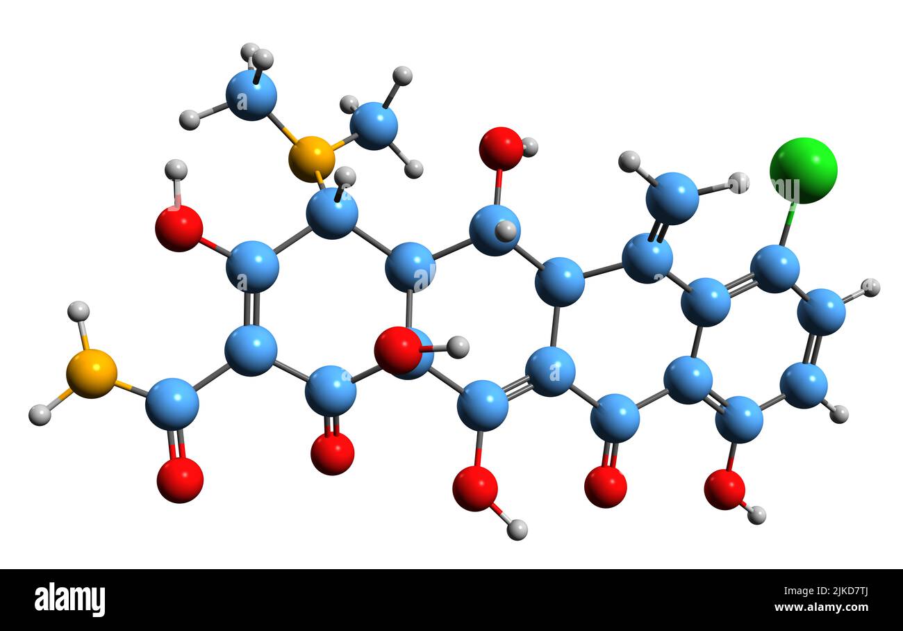 3D Bild der Skelettformel von Meclocyclin - molekularchemische Struktur des Tetracyclin-Antibiotikums, isoliert auf weißem Hintergrund Stockfoto