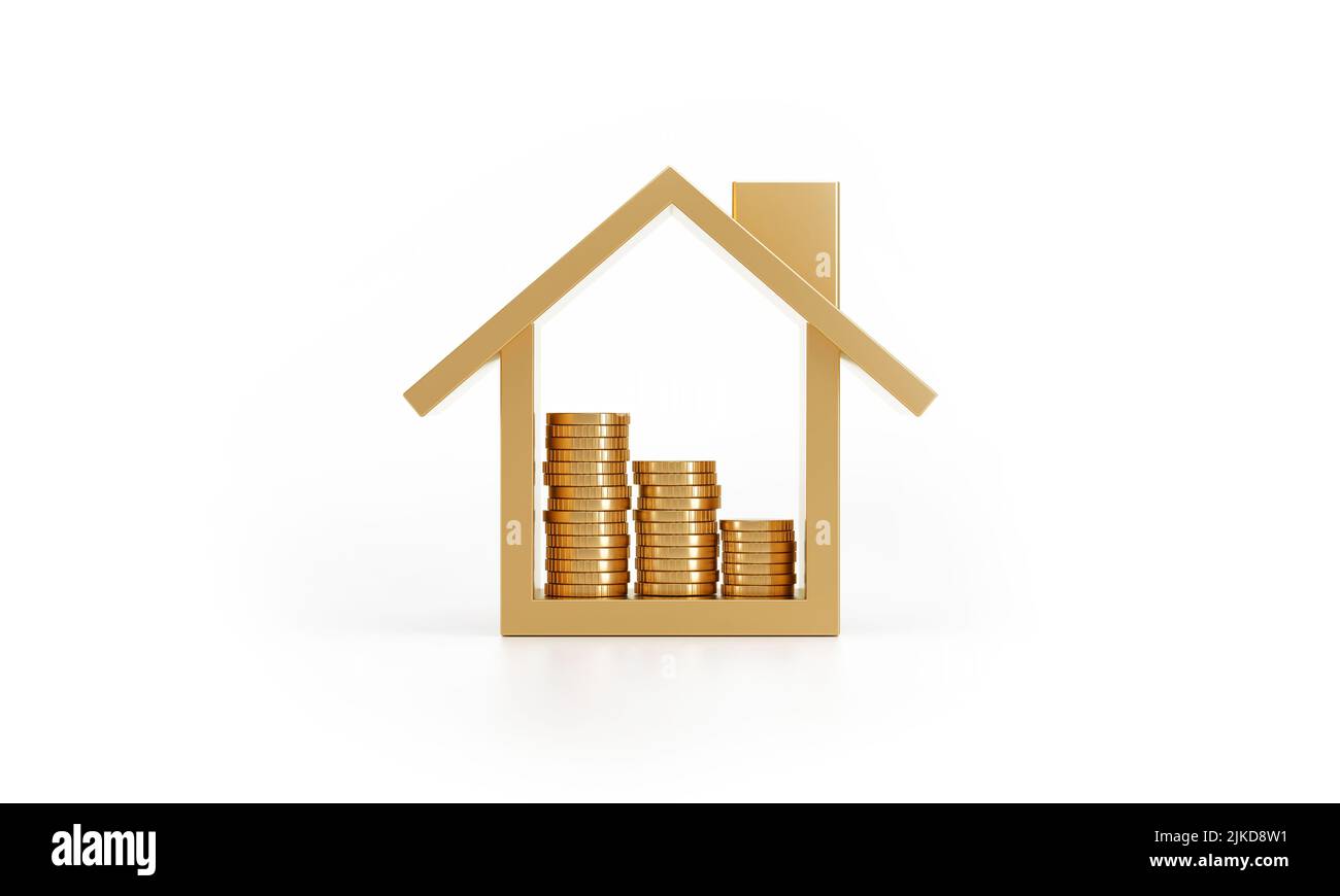 Schützen Sie Geld in Immobilien. Stapel Münzen in einem Haus auf weißem Hintergrund. 3D Rendern. Stockfoto