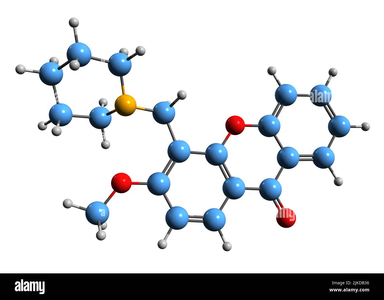 3D Bild der Skelettformel von Mepixanox - molekulare chemische Struktur des respiratorischen Stimulans isoliert auf weißem Hintergrund Stockfoto