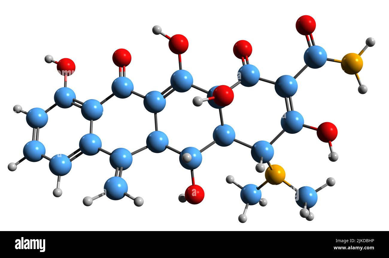 3D Bild der Metacyclin-Skelettformel - molekularchemische Struktur des Tetracyclin-Antibiotikums, isoliert auf weißem Hintergrund Stockfoto