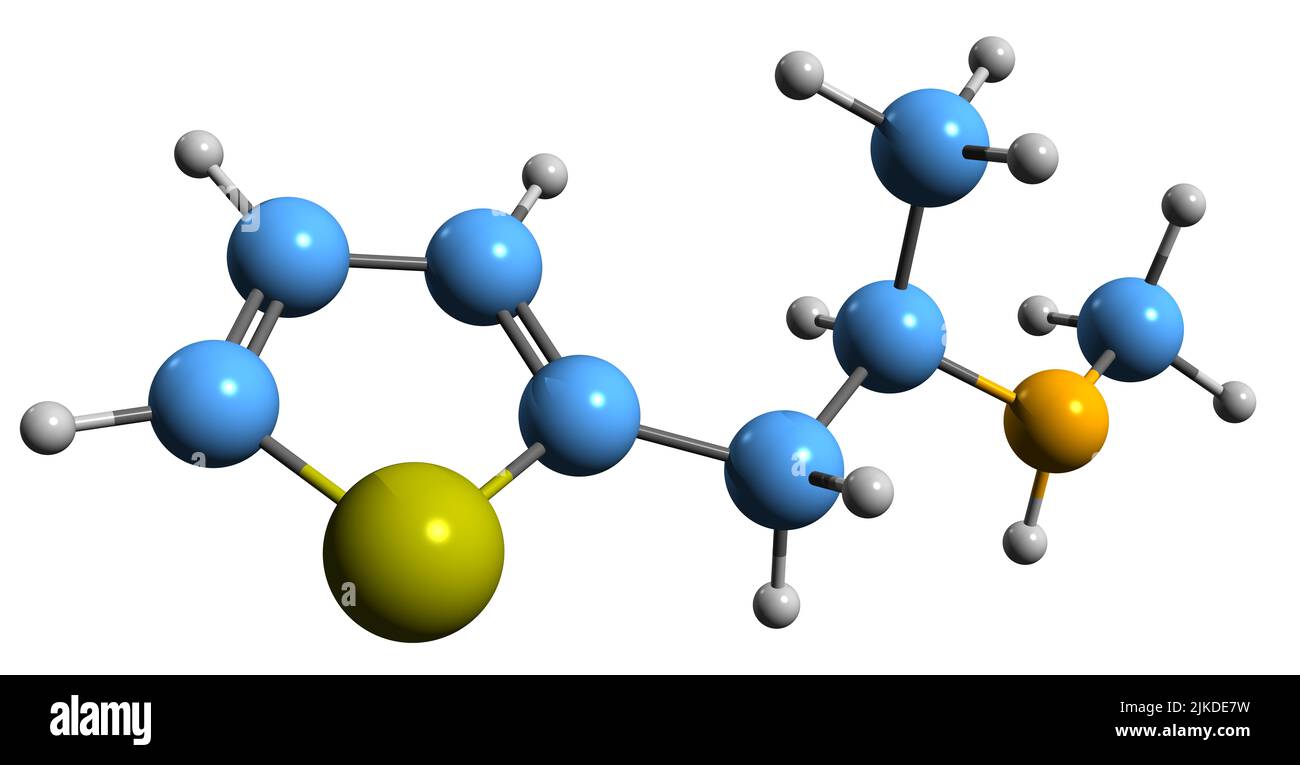 3D Bild der Skelettformel von Methiopropamin - molekularchemische Struktur des Erholungsstimulans isoliert auf weißem Hintergrund Stockfoto