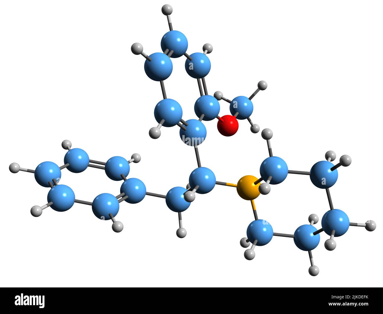 3D Bild der Methoxphenidin-Skelettformel - molekularchemische Struktur des dissoziativen Designers, isoliert auf weißem Hintergrund Stockfoto