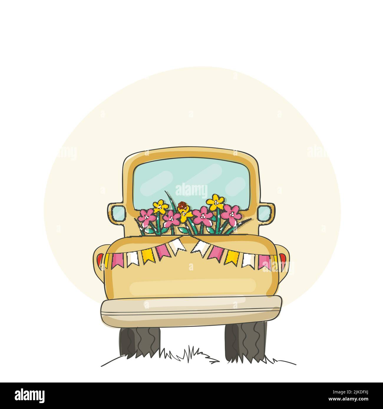Doodle Taxi Dekoriert Mit Blumen Und Bunting Flag Auf Weißem Hintergrund. Stock Vektor