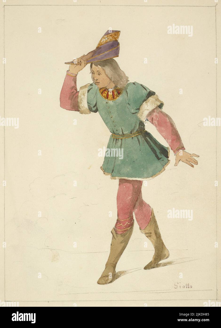 Junger Italiener, 1400; Tunika-geblühter Damast[?] [Unten rechts:] Giotto. Watson, Stewart, FL. 1843-1847 (Autor) Watson, Stewart, fl. 1843-1847 Stockfoto