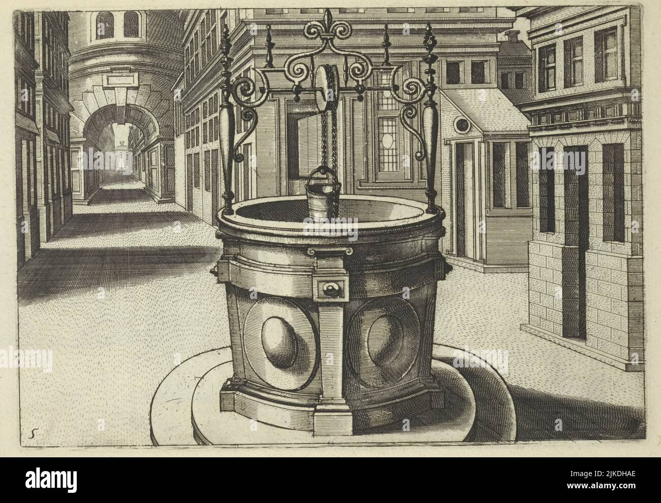 Brunnen in der Mitte der Straße mit Bogen im Hintergrund zusätzlicher Titel: Puits et Fontaines. Vredeman de Vries, Hans, 1527-ca. 1604 (Autor) Galle, Stockfoto