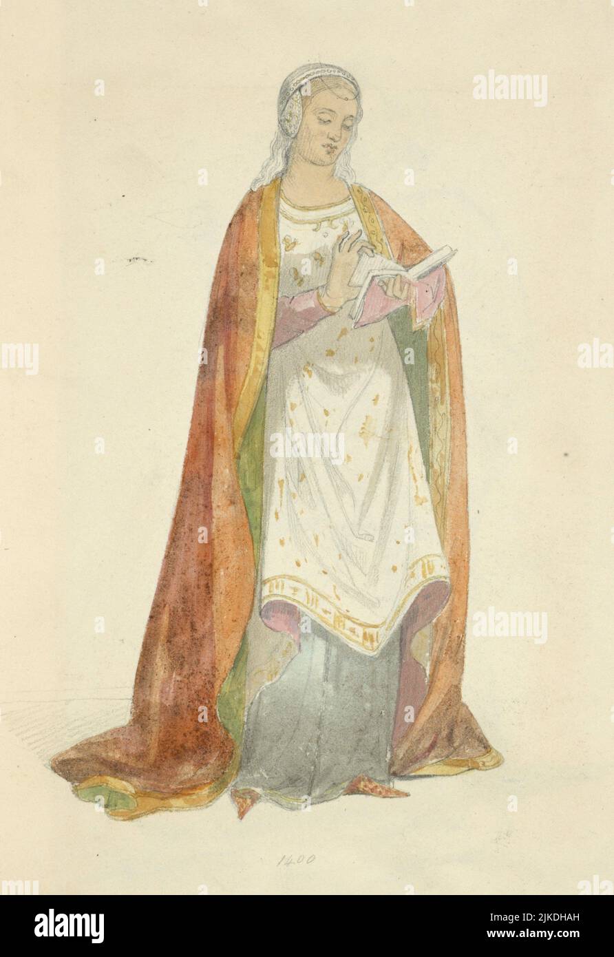 Frau, die ein Buch liest, Milanaise, 1400. Watson, Stewart, FL. 1843-1847 (Autor) Watson, Stewart, fl. 1843-1847 (Künstler). Kostüme in Italien gesammelt Stockfoto