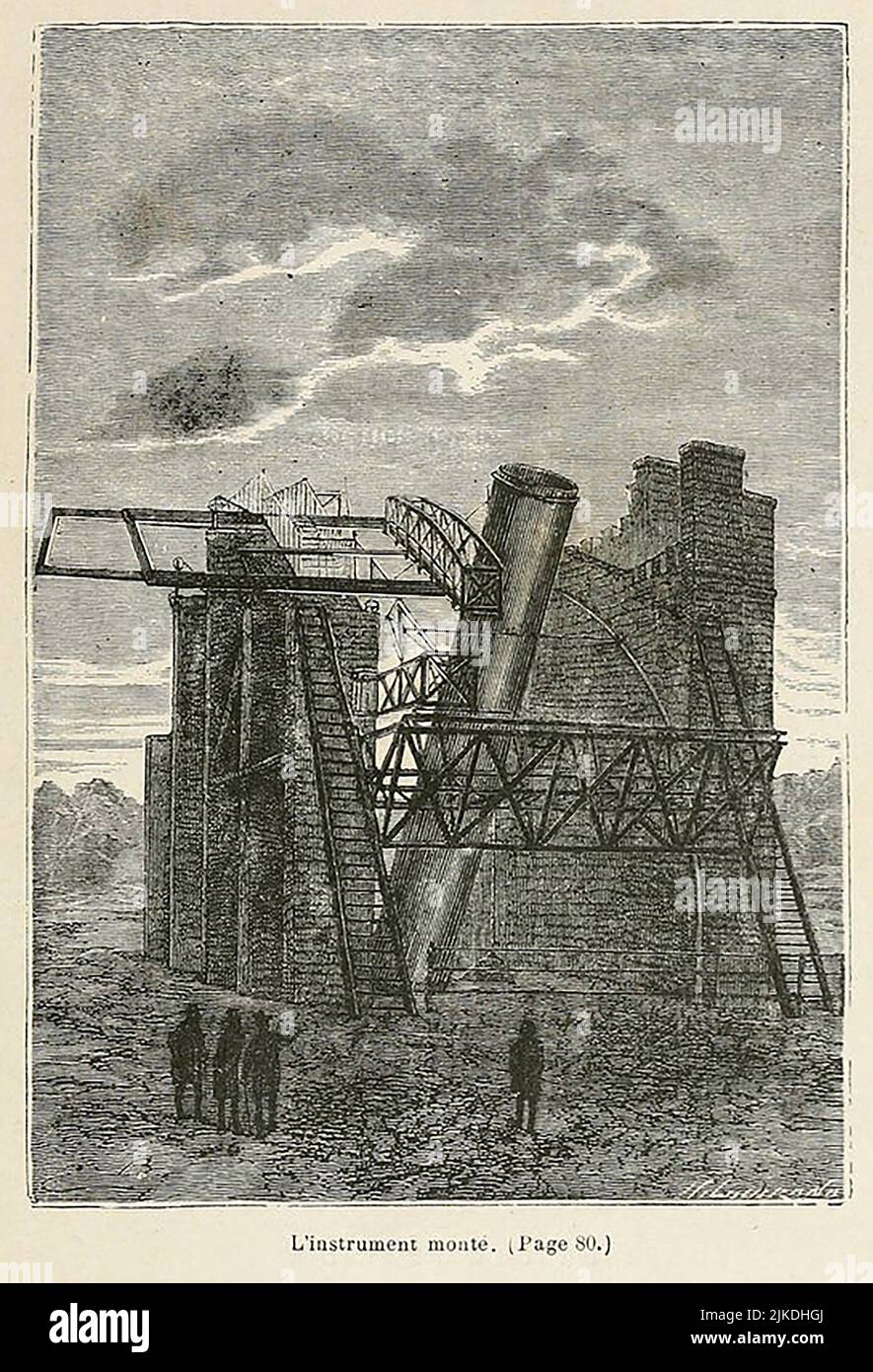 Das Teleskop in Parsontown - von der Erde zum Mond - Jules Verne. Ilustration von Émile-Antoine Bayard. Stockfoto