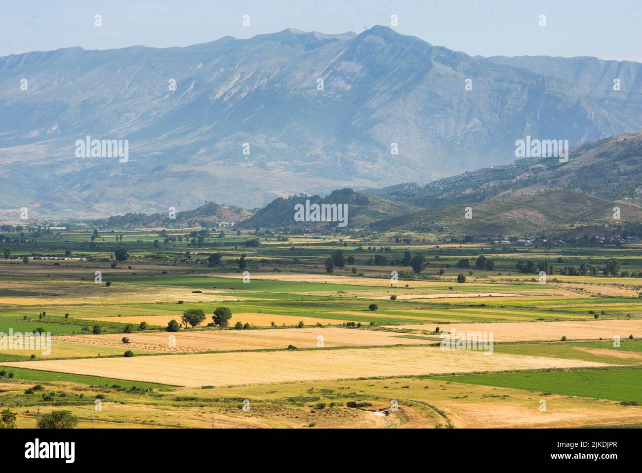 Große kultivierte Ebene in der Nähe von Gjirokaster, wo lokale Produkte verkauft werden, Albanien, Südosteuropa. Stockfoto