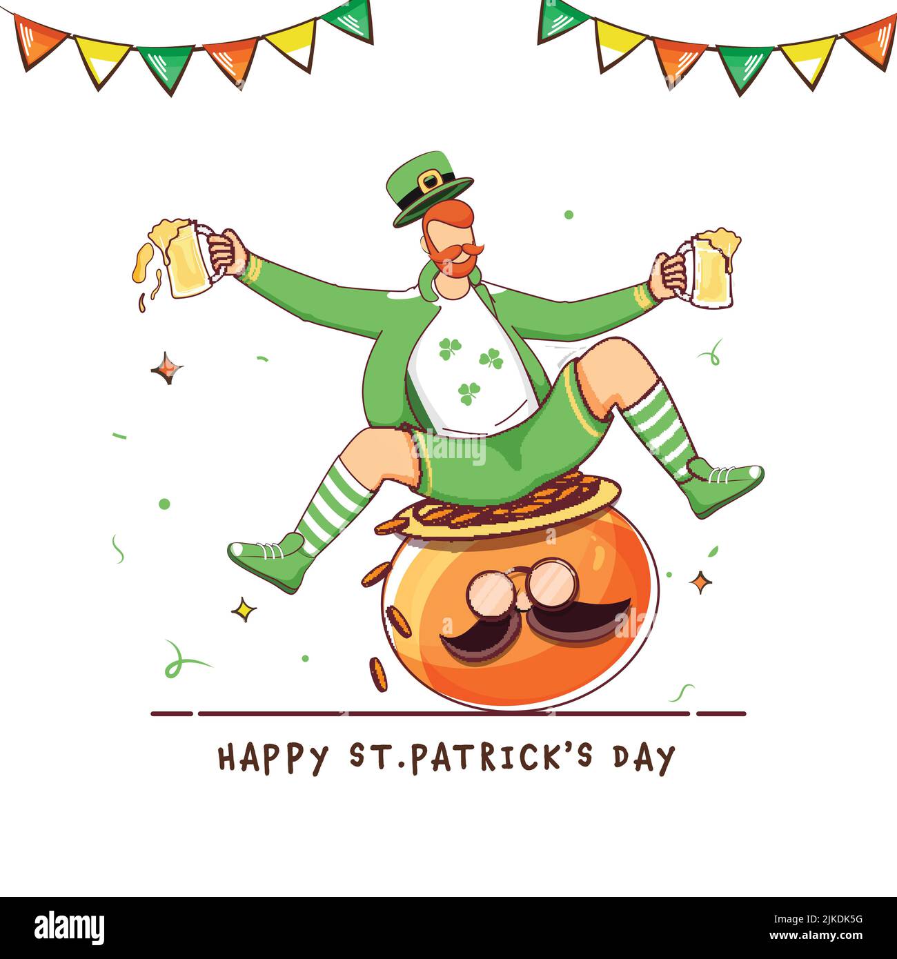 Happy St. Patrick's Day Konzept mit Cartoon Kobold Mann sitzt am Kessel der Münzen und halten Bierbecher auf weißem Hintergrund. Stock Vektor