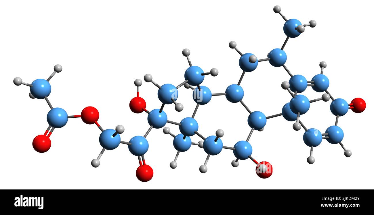 3D Bild der Skelettformel von Methylprednisolonacetat - molekularchemische Struktur eines synthetischen Glukokortikoiden Kortikosteroids, isoliert auf Weiß Stockfoto