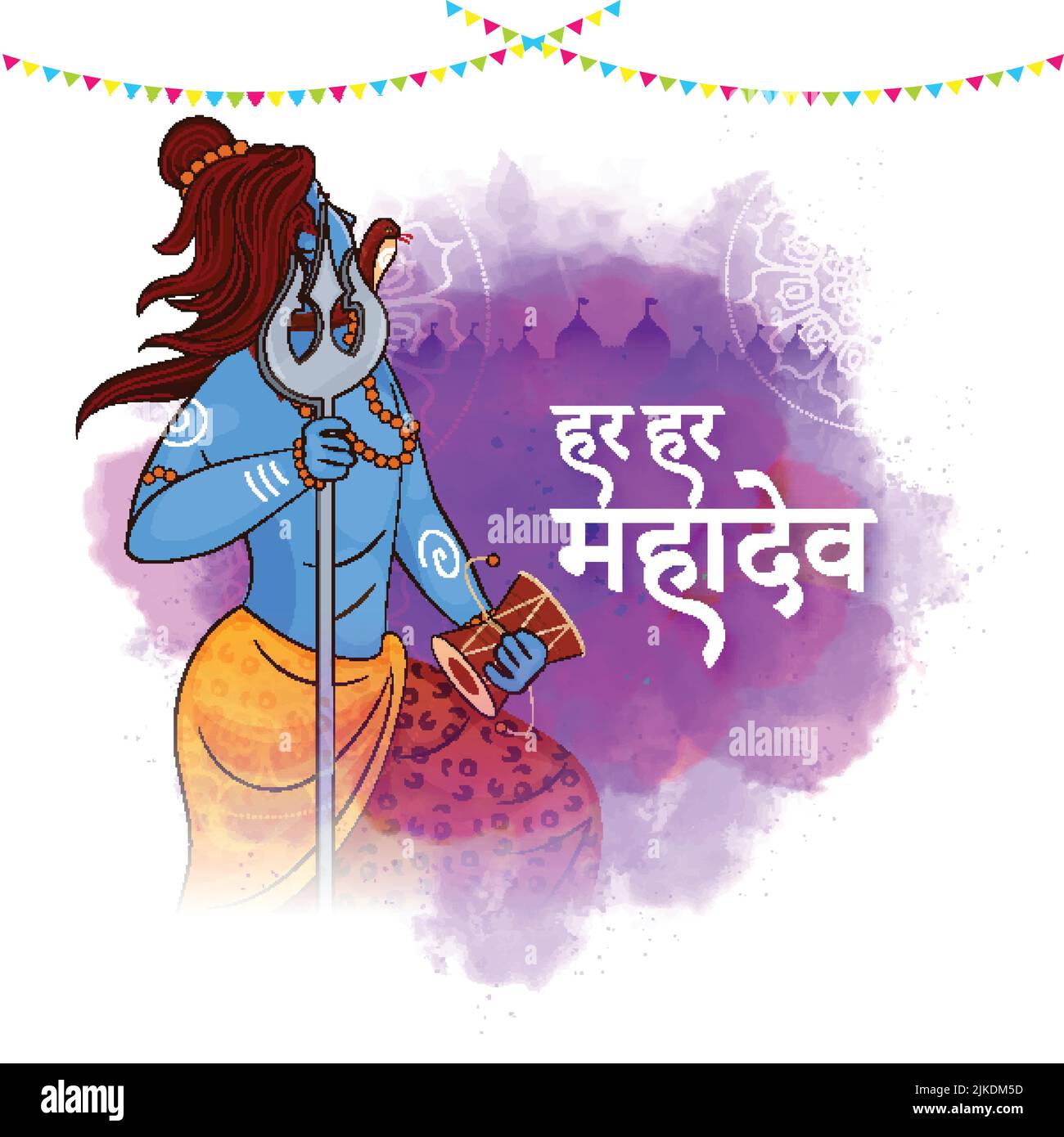 Everywhere Shiva (Har Har Mahadev) Text In Hindi-Sprache Mit Seitenansicht Des Herrn Shiva-Charakters Und Violettem Aquarell-Effekt Auf Weißem Hintergrund. Stock Vektor