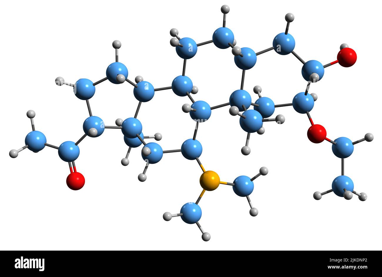 3D Aufnahme der Skelettformel von Minaxolon - molekularchemische Struktur des neuroaktiven Steroids auf weißem Hintergrund isoliert Stockfoto