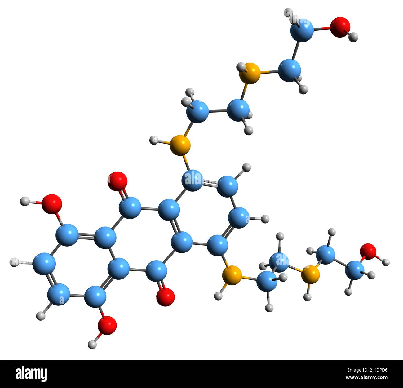 3D Bild der Mitoxantron-Skelettformel - molekulare chemische Struktur des Anthracendion-Antineoplastikmittels auf weißem Hintergrund isoliert Stockfoto
