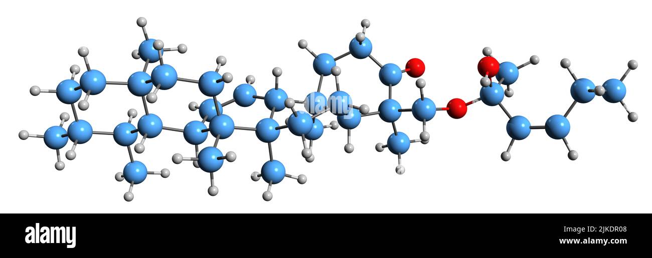 3D Aufnahme der Momordicilin-Skelettformel - molekulare chemische Struktur des Triterpenoids, isoliert auf weißem Hintergrund Stockfoto