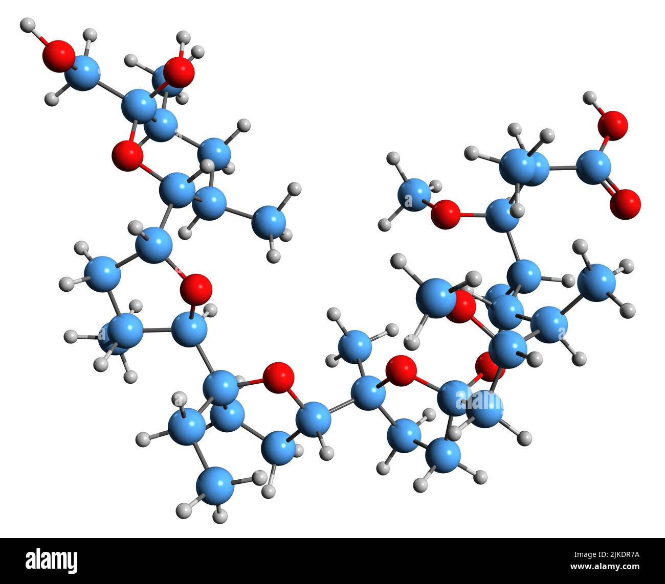 3D Bild der Monensin-Skelettformel - molekularchemische Struktur des Polyetherantibiotikums auf weißem Hintergrund isoliert Stockfoto