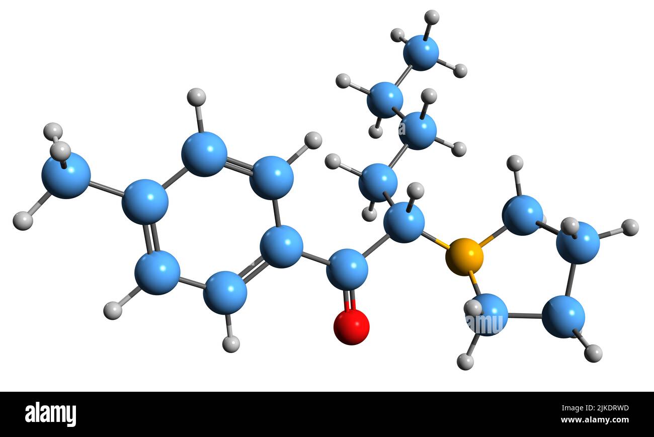 3D Aufnahme der Skelettformel der MPHP - molekulare chemische Struktur des Stimulans 4-Methyl-альфа-Pyrrolidinohexiophenon auf weißem Hintergrund isoliert Stockfoto