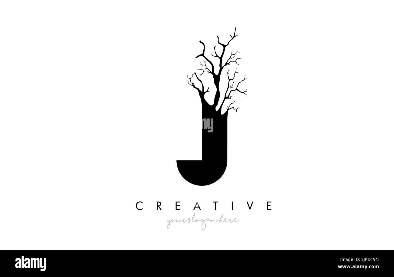 Buchstabe J Design Logo mit Kreativen Baumstrukturzweig. J Schreiben Baum Symbol Logo Vector Illustration. Stock Vektor