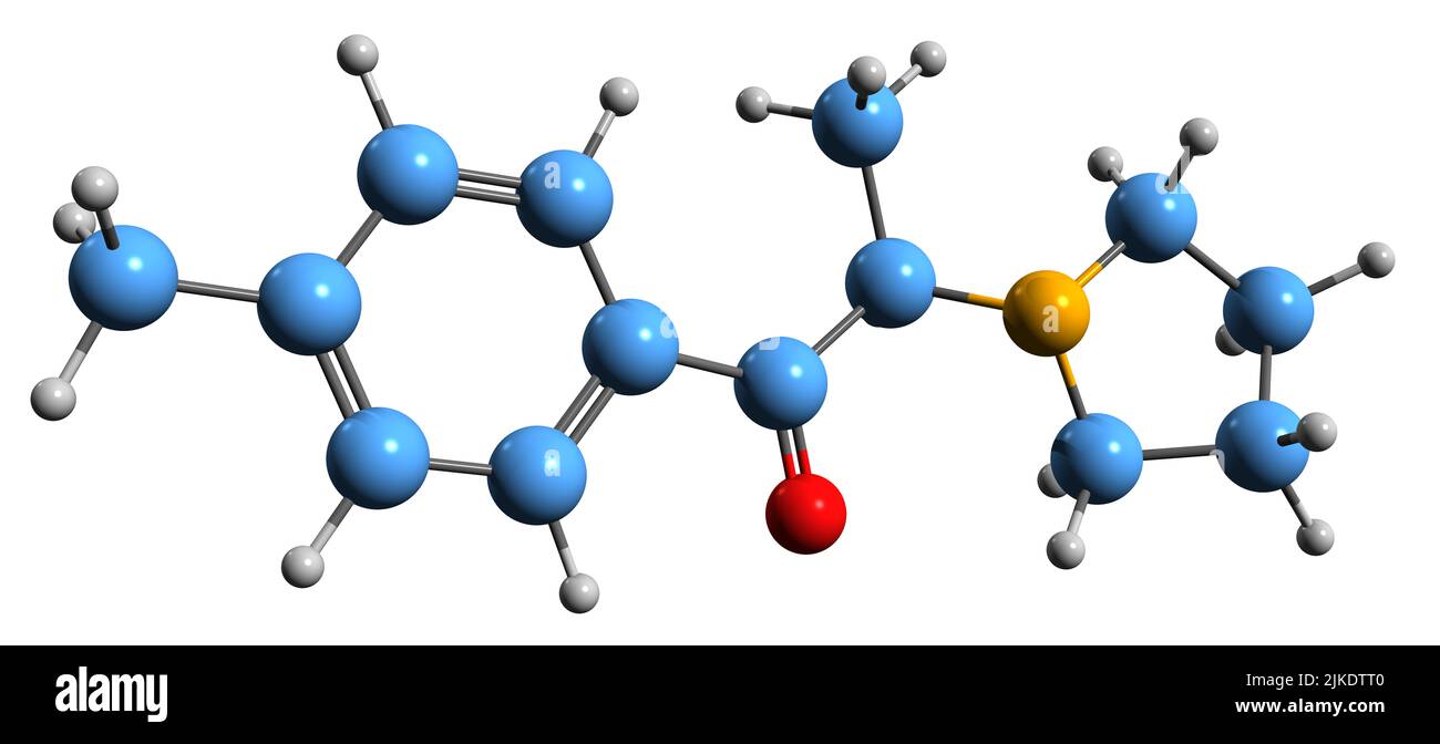 3D Aufnahme der Skelettformel von MPPP - molekulare chemische Struktur des Stimulans 4-Methyl-альфа-Pyrrolidinopropiophenon auf weißem Hintergrund isoliert Stockfoto