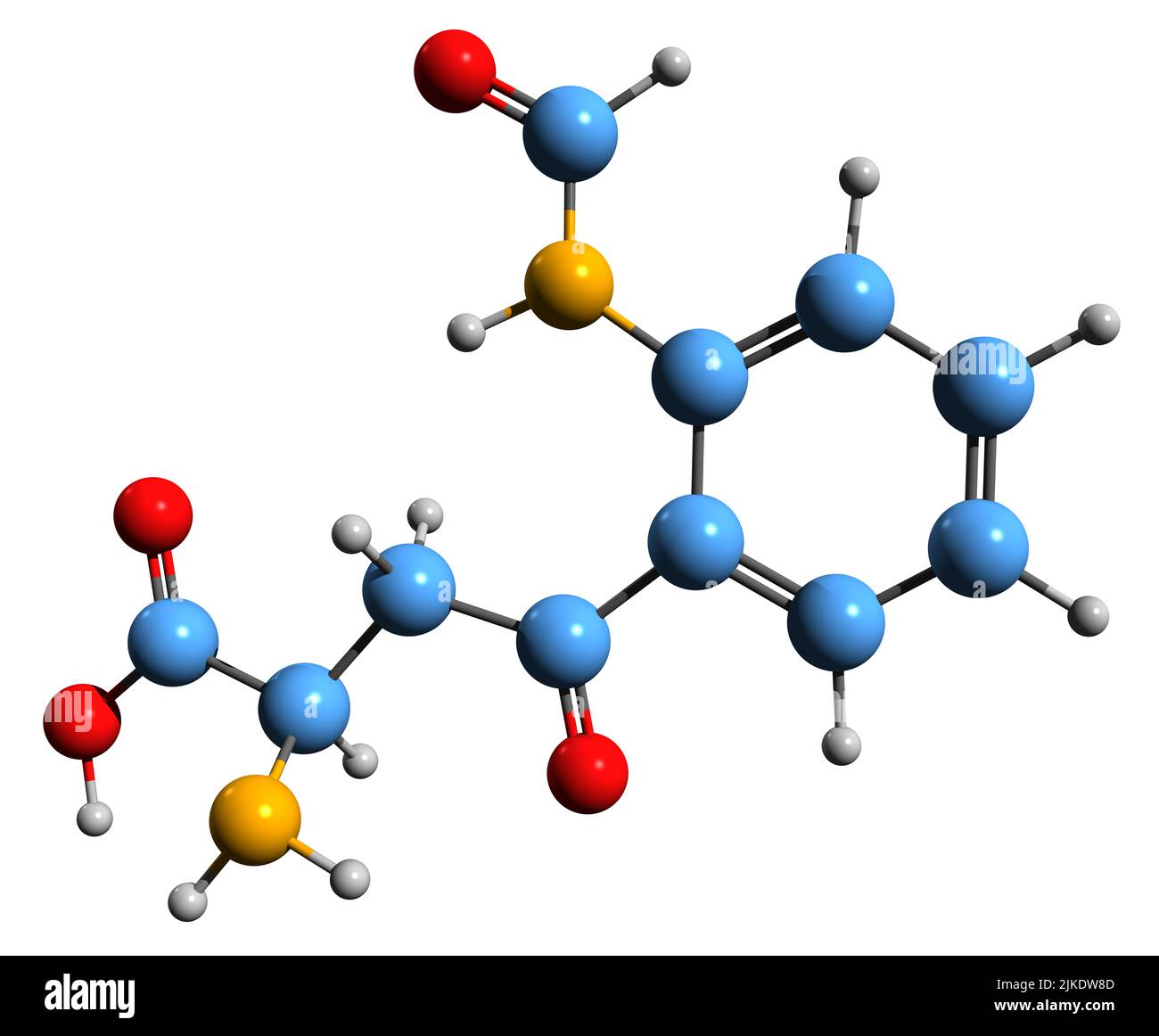 3D Bild der Skelettformel von N-Formylkynurenin - molekularchemische Struktur des auf weißem Hintergrund isolierten Metaboliten Stockfoto