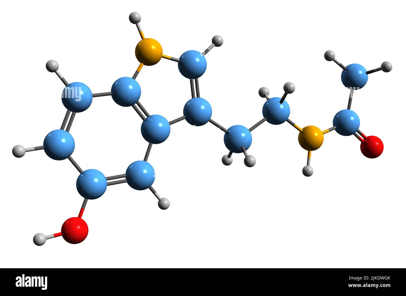 3D Bild der N-Acetylserotonin-Skelettformel - molekularchemische Struktur des Melatonin-Vorläufers isoliert auf weißem Hintergrund Stockfoto