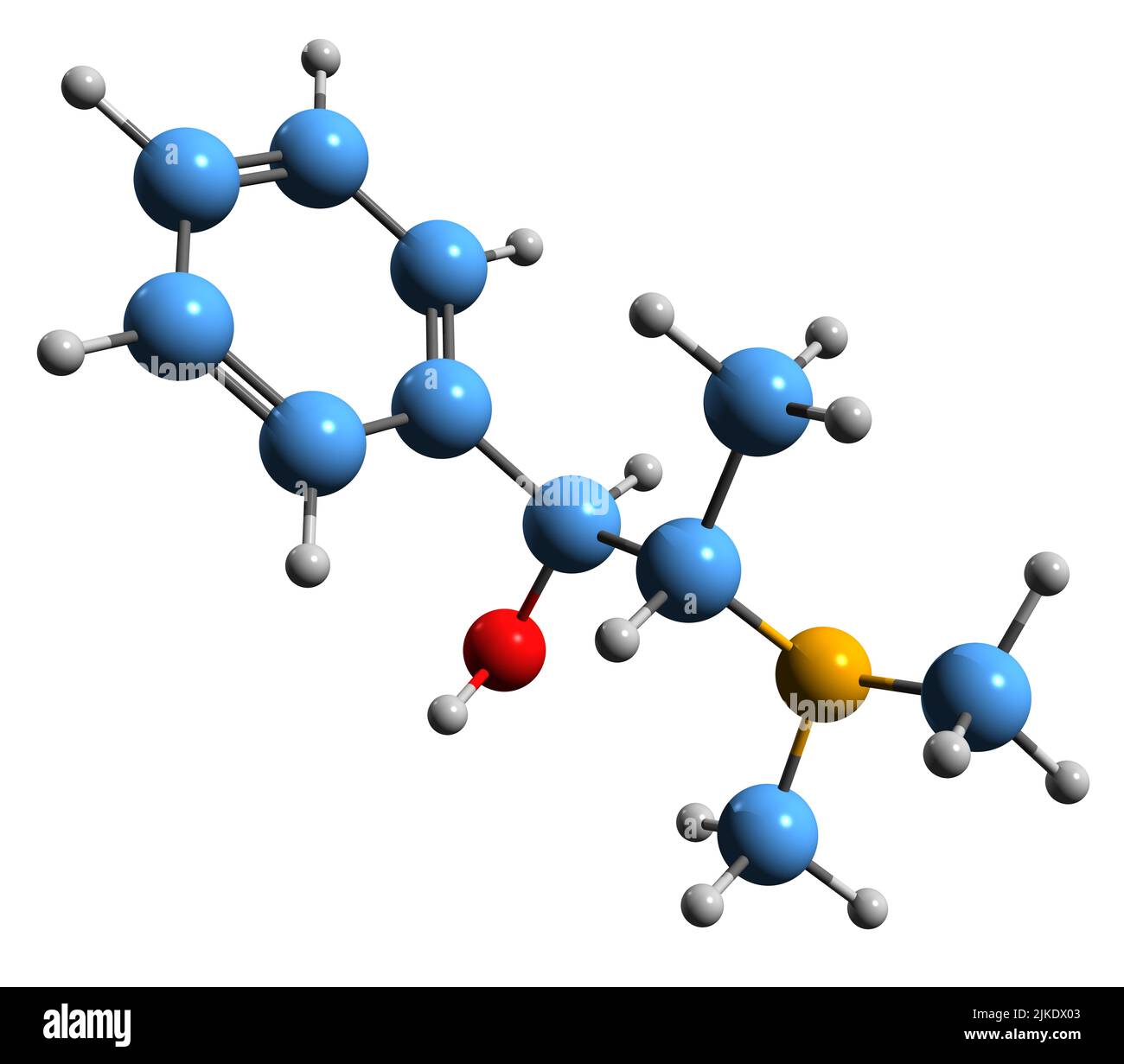 3D Bild der Skelettformel von N-Methylephedrin - molekularchemische Struktur des Derivats von Ephedrin auf weißem Hintergrund isoliert Stockfoto