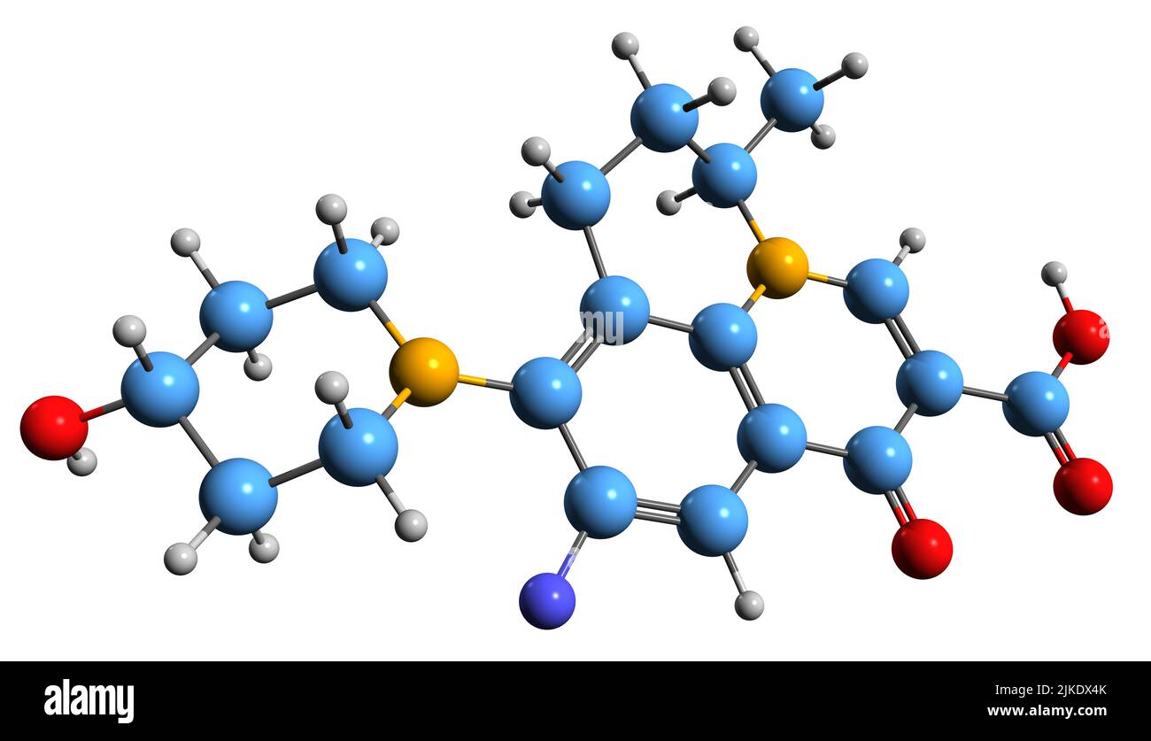 3D Bild der Skelettformel von Nadifloxacin - molekulare chemische Struktur eines topischen Fluorchinolon-Antibiotikums, das auf weißem Hintergrund isoliert ist Stockfoto