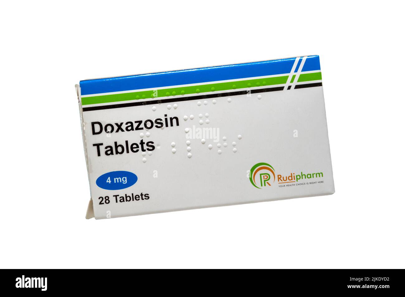 Stockbild einer Packung Doxazosin-Blutdrucktabletten. Stockfoto