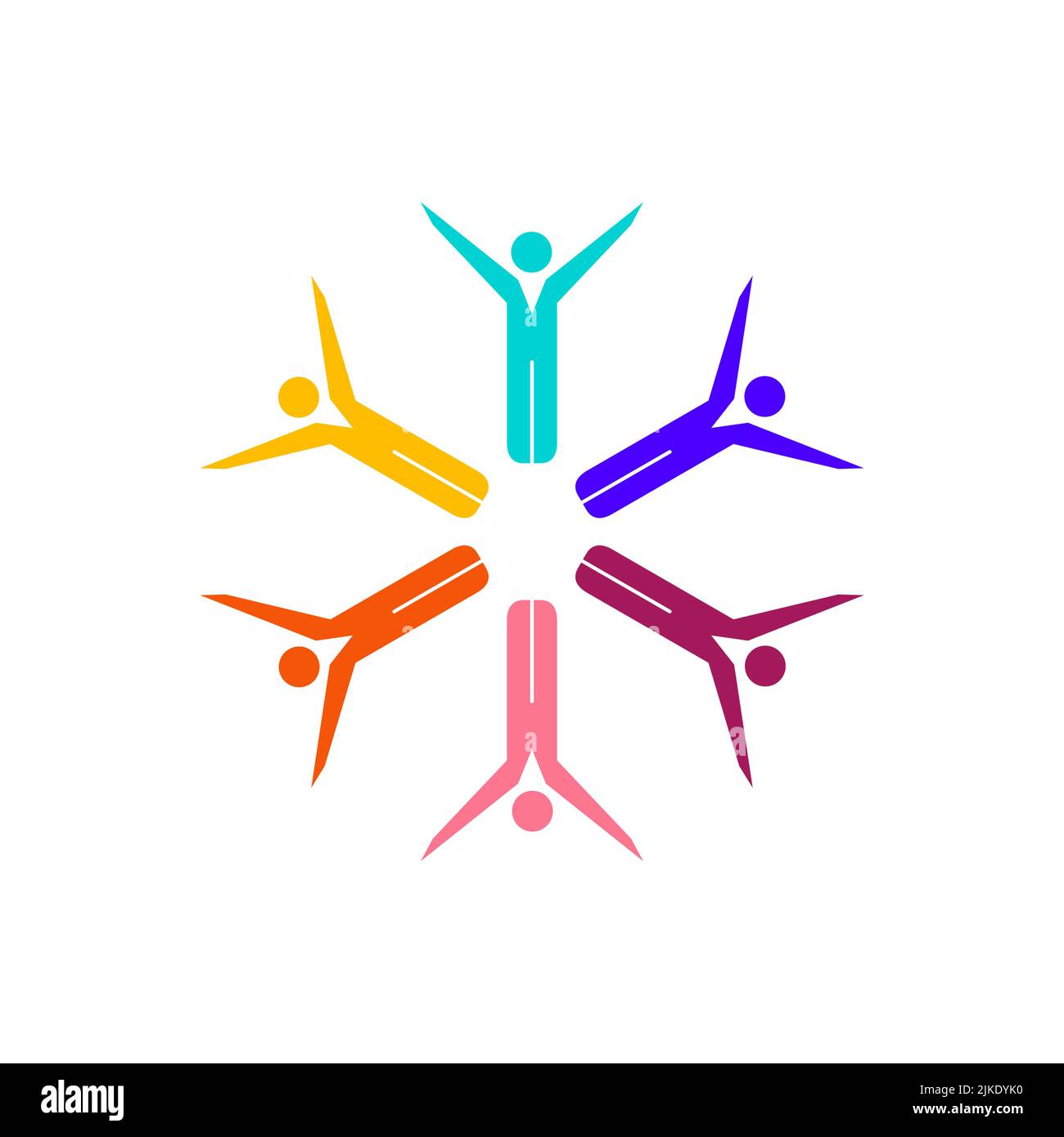 Bunte Menschen stehen im Kreis zusammen mit erhobenen Händen. Flache Vektorgrafik isoliert auf weißem Hintergrund. Stock Vektor
