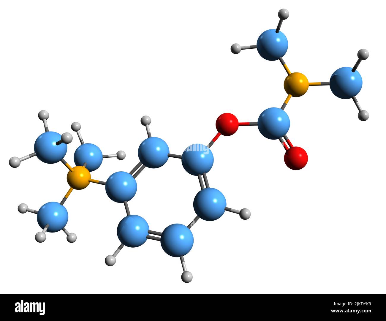 3D Bild der Skelettformel von Neostigmin - molekularchemische Struktur von Medikamenten auf weißem Hintergrund isoliert Stockfoto
