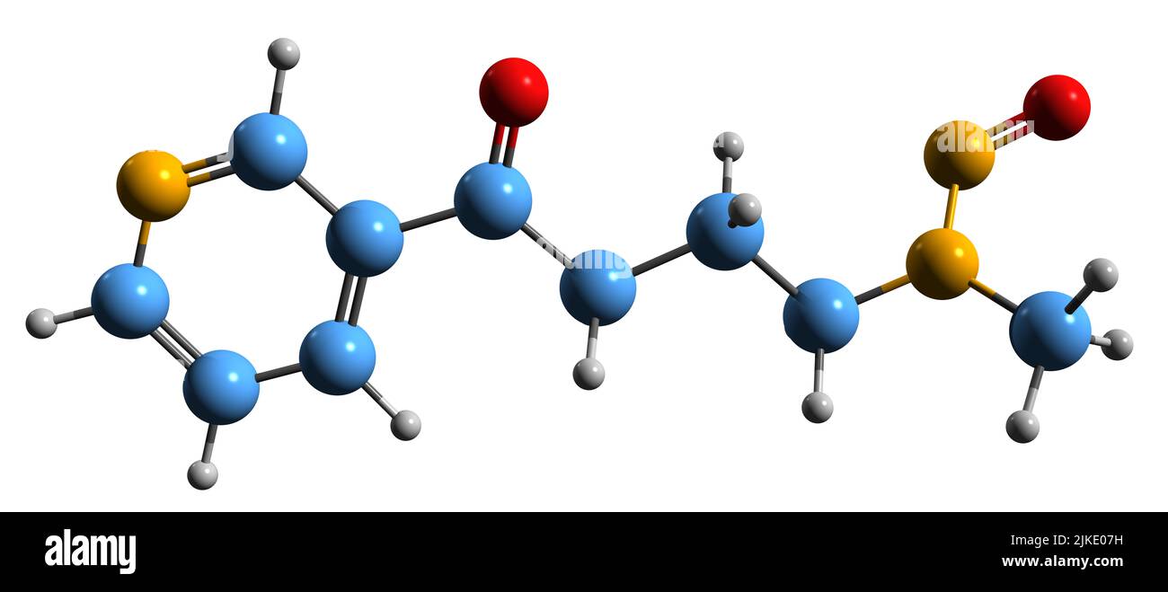 3D Aufnahme von Nikotinstammung aus Nitrosamin Keton Skelettformel - molekularchemische Struktur OFN-NitrosonorNikotinketon isoliert auf weißem Hintergrund Stockfoto