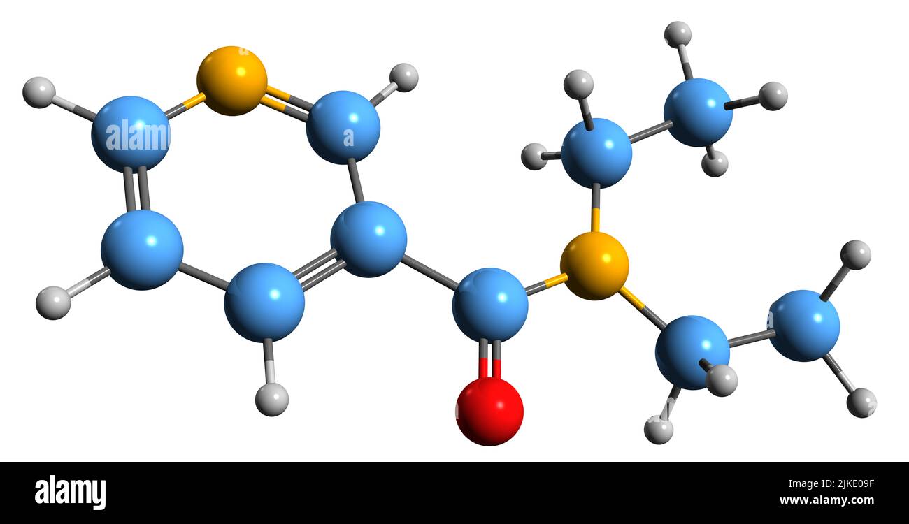 3D Bild der Skelettformel von Nikethamid - molekulare chemische Struktur des Stimulans Nicotinsäure Diethylamid auf weißem Hintergrund isoliert Stockfoto