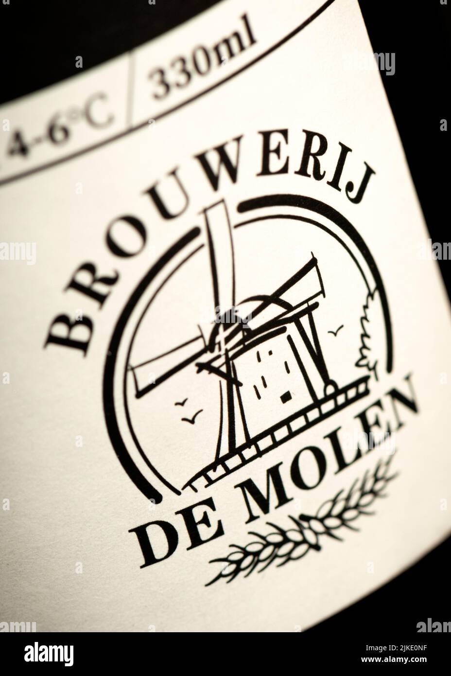 Brouwerij de Molen Brauereilogo auf Flaschenetikett Nahaufnahme Detail Stockfoto