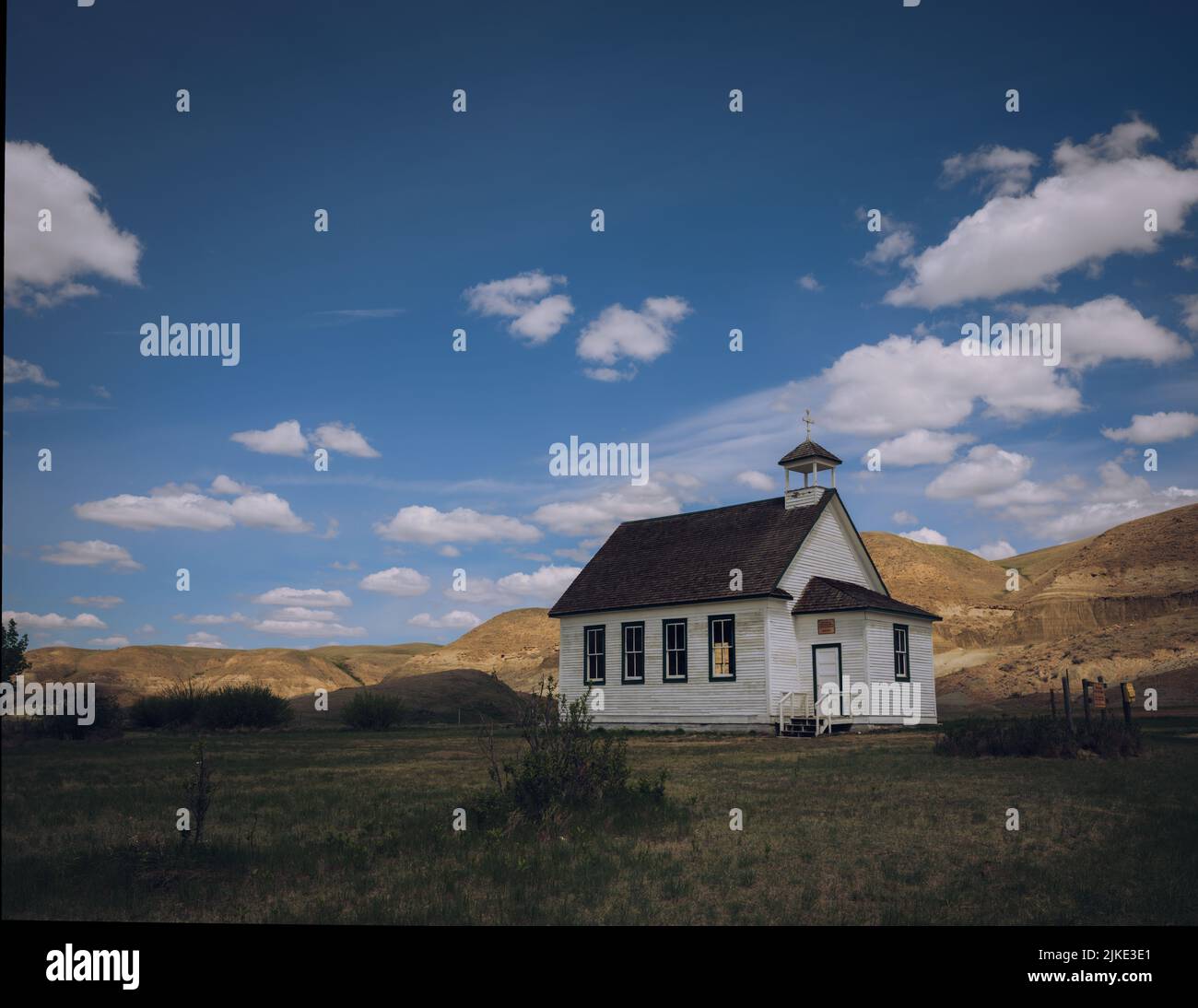 Katholische Kirche in den Badlands. Dorothy, Alberta, Kanada. Stockfoto