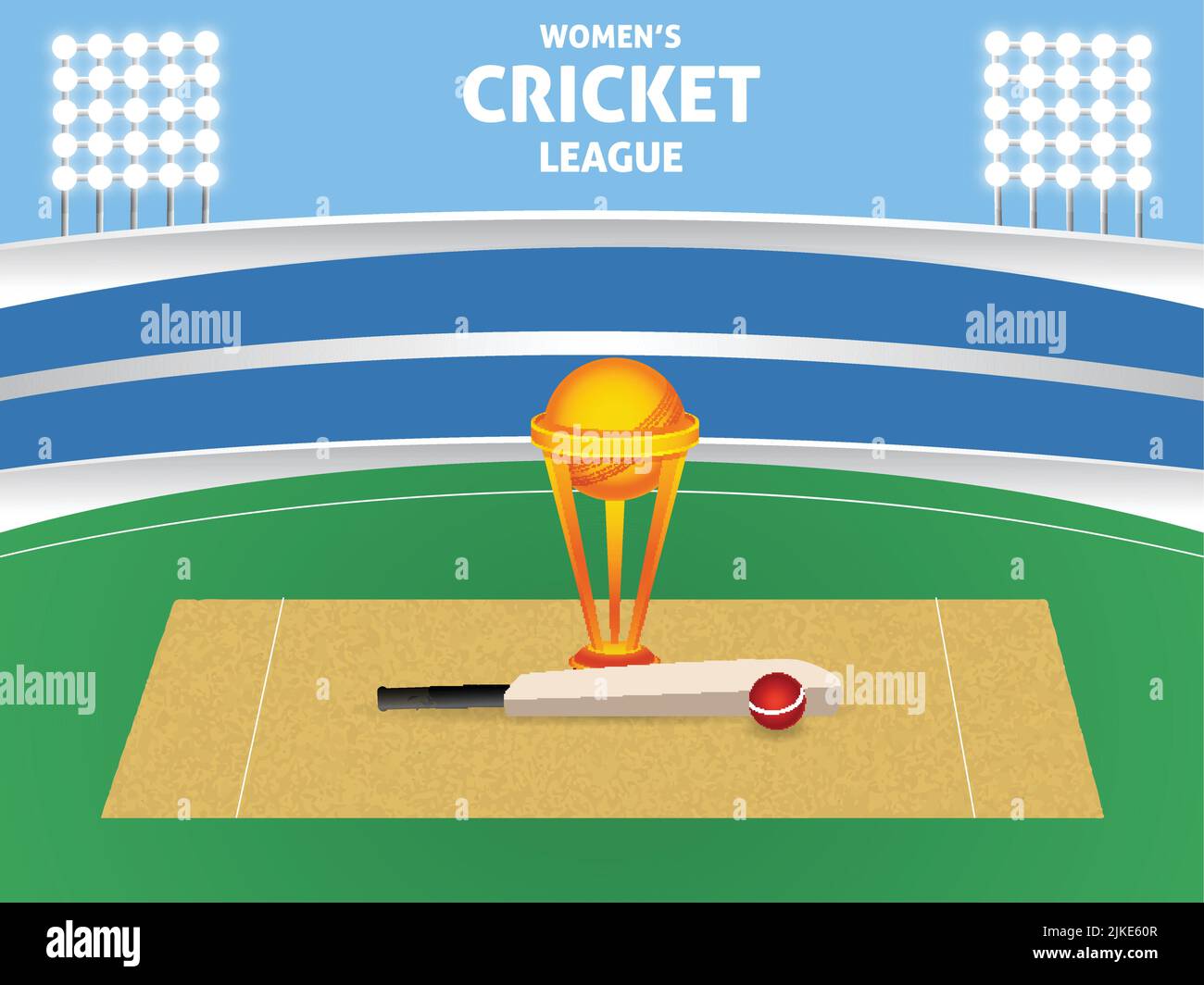 Women's Cricket League Konzept mit Turnierausrüstungen wie Fledermaus, Ball, gewinnen Trophy Cup auf Stadium View Hintergrund. Stock Vektor