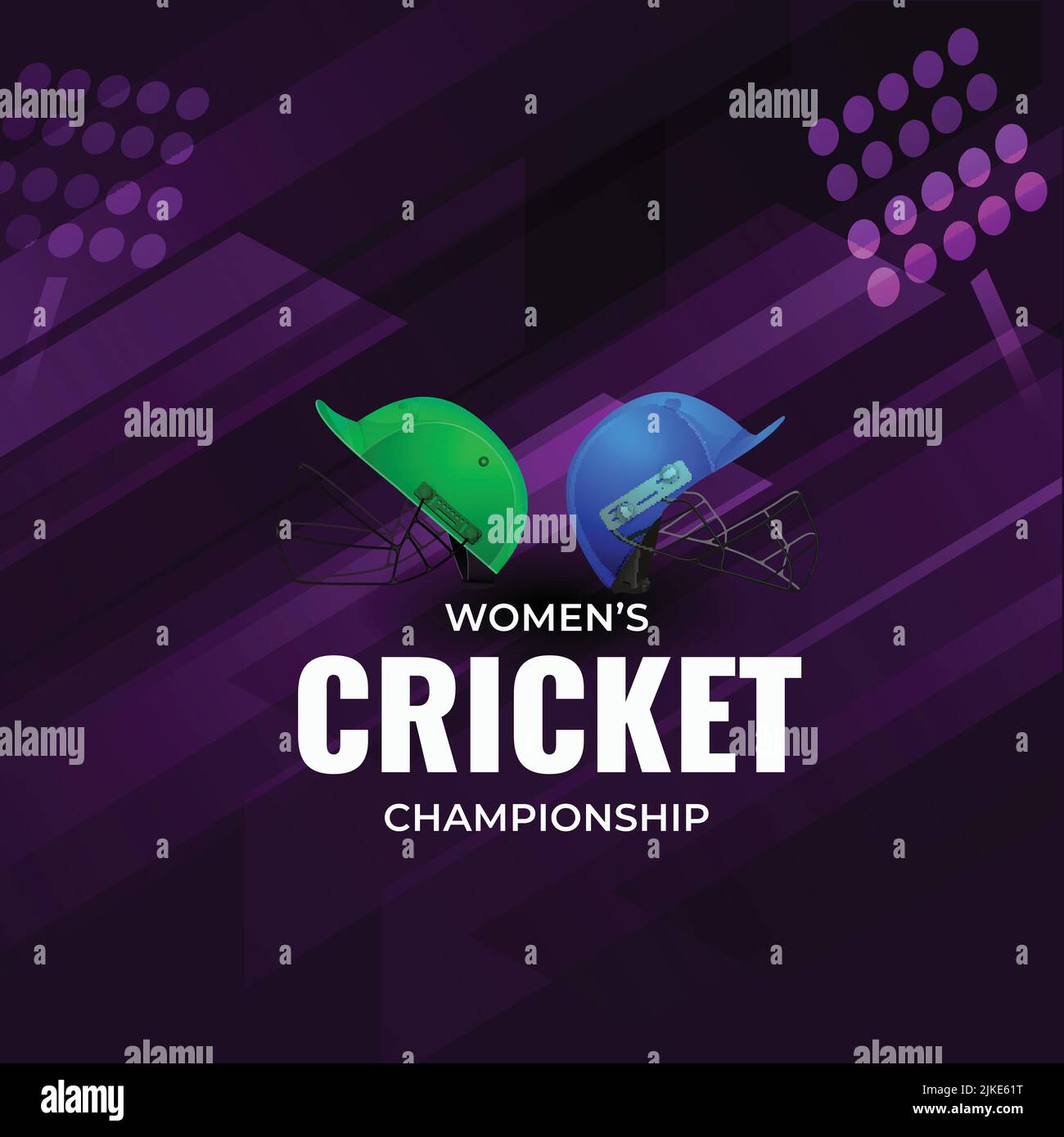 Women's Cricket Championship Konzept mit teilnehmenden Ländern Helme auf abstraktem purpurem Hintergrund. Stock Vektor