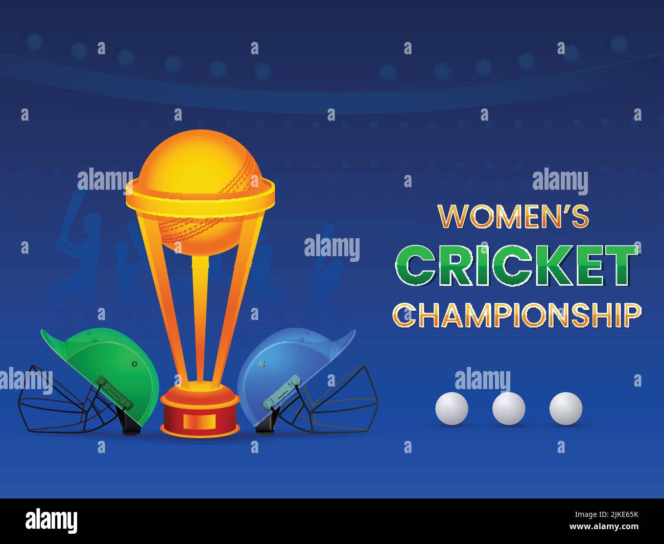 Women's Cricket Championship Konzept mit teilnehmenden Ländern Helme und 3D Trophy Cup auf Blue Silhouette Player Hintergrund. Stock Vektor