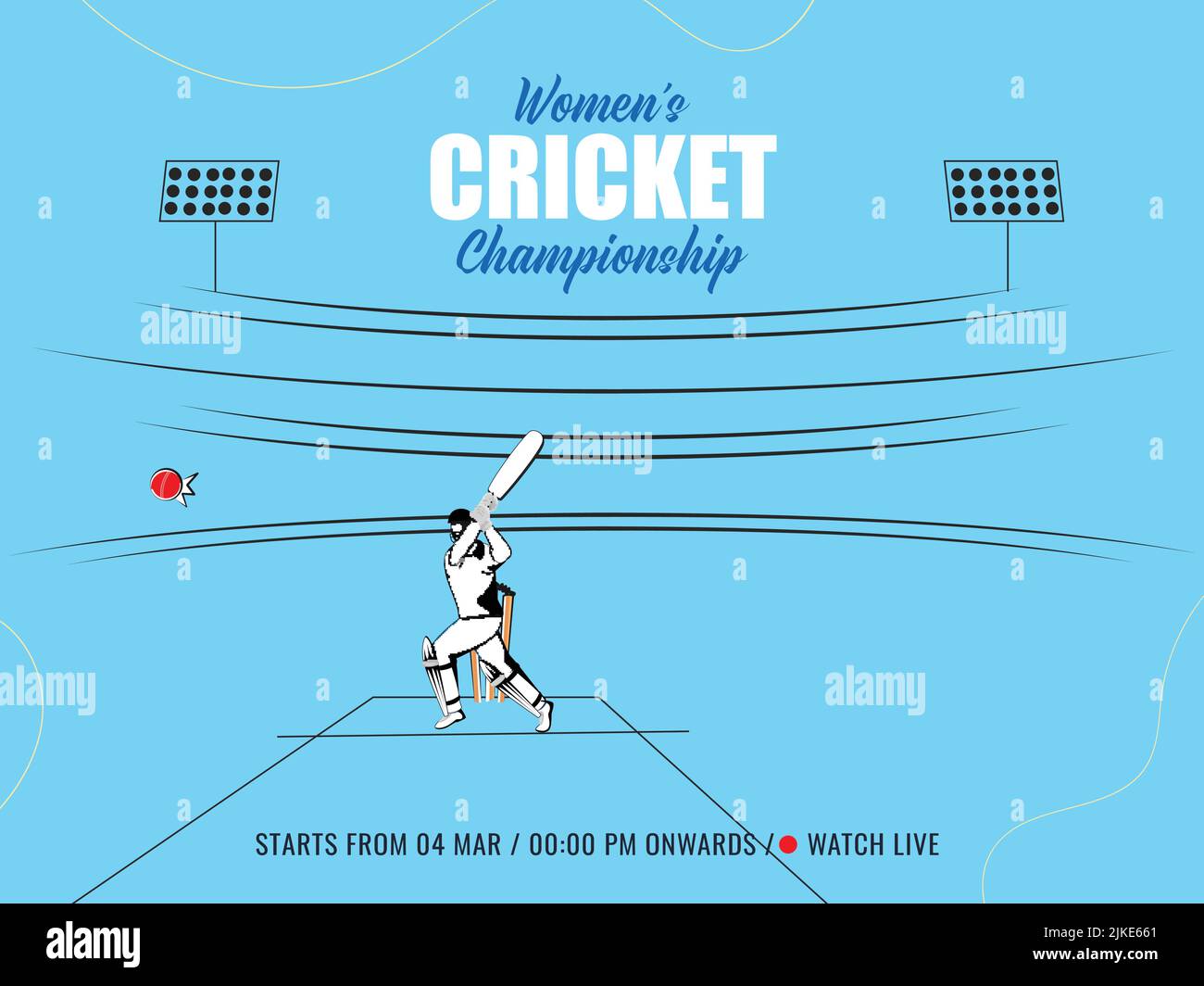 Live Women's Cricket Championship Konzept mit Cartoon Batter Player Hitting Ball auf Blue Stadium View Hintergrund. Stock Vektor