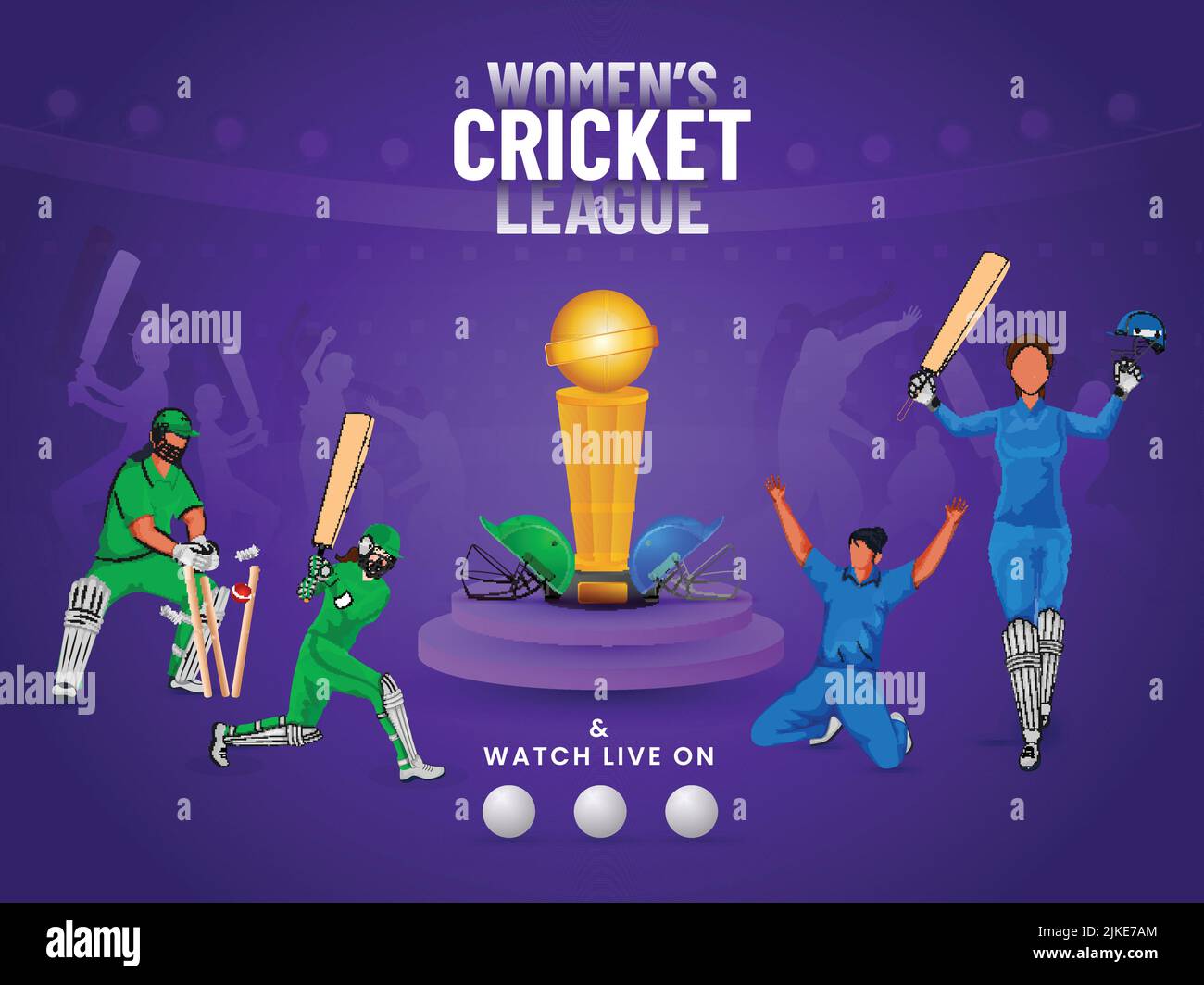 Women's Cricket League Konzept mit teilnehmenden Ländern Cricketspieler in der Pose und 3D Winnertrophy Cup auf dem Podium auf dem Purple Stadium Bac Stock Vektor