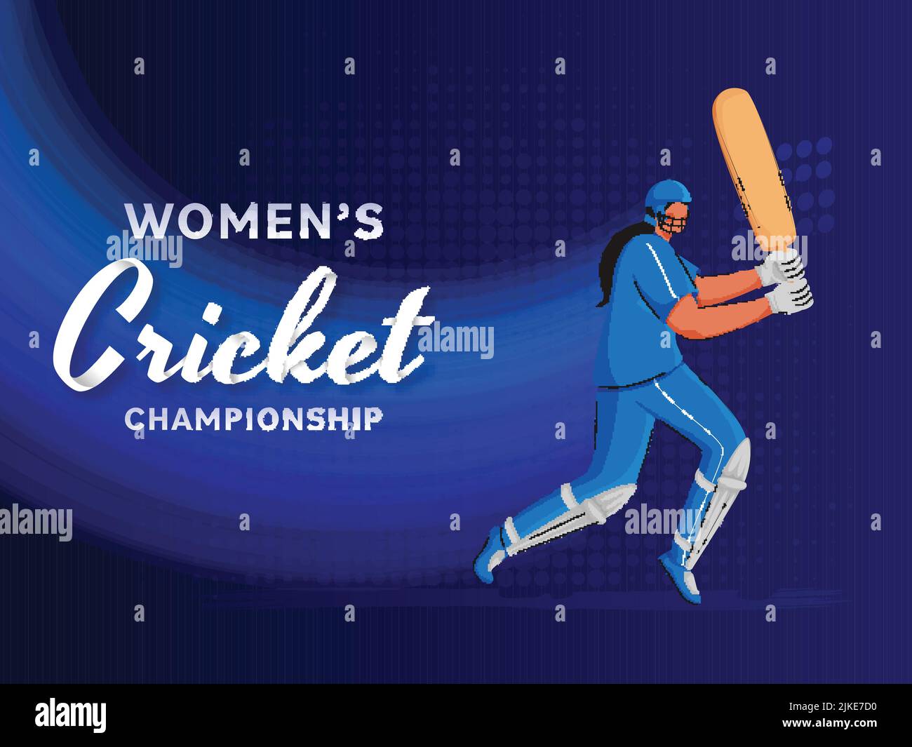 Cricket Championship-Konzept für Frauen mit gesichtslosem weiblicher Batter-Spielercharakter auf blauem Hintergrund. Stock Vektor